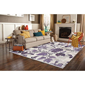 Mor Ve Lila Çiçek Desenli Halı – Krem Zeminli – Makinede Yıkanabilir, Tüy Tutmaz, Pamuk Dokuma Tabanlı