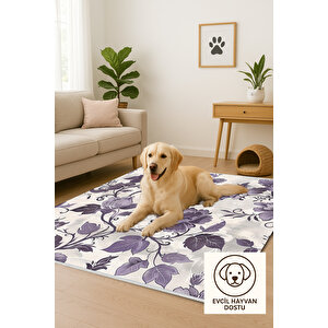 Mor Ve Lila Çiçek Desenli Halı – Krem Zeminli – Makinede Yıkanabilir, Tüy Tutmaz, Pamuk Dokuma Tabanlı