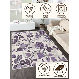 Mor Ve Lila Çiçek Desenli Halı – Krem Zeminli – Makinede Yıkanabilir, Tüy Tutmaz, Pamuk Dokuma Tabanlı
