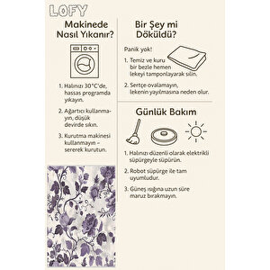 Mor Ve Lila Çiçek Desenli Halı – Krem Zeminli – Makinede Yıkanabilir, Tüy Tutmaz, Pamuk Dokuma Tabanlı