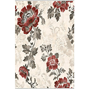 Kırmızı Ve Gri Çiçek Desenli Halı – Krem Zeminli – Makinede Yıkanabilir, Tüy Tutmaz, Pamuk Dokuma Tabanlı 150x240 cm