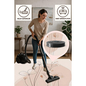 Soft Bej Çiçekli Halı – Minimalist Çizgisel Tasarım – Makinede Yıkanabilir, Tüy Tutmaz, Pamuk Dokuma Tabanlı