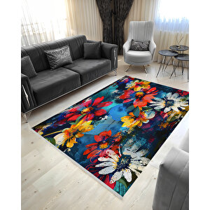Mavi, Kırmızı Ve Sarı Renkli Floral Halı – Canlı Ve Sanatsal Çiçek Deseni – Makinede Yıkanabilir, Pamuk Tabanlı, Toz Tutmaz 160x180 cm