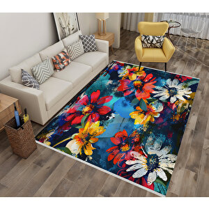 Mavi, Kırmızı Ve Sarı Renkli Floral Halı – Canlı Ve Sanatsal Çiçek Deseni – Makinede Yıkanabilir, Pamuk Tabanlı, Toz Tutmaz 160x180 cm