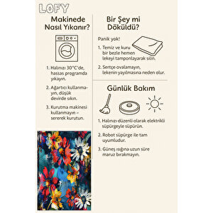 Mavi, Kırmızı Ve Sarı Renkli Floral Halı – Canlı Ve Sanatsal Çiçek Deseni – Makinede Yıkanabilir, Pamuk Tabanlı, Toz Tutmaz