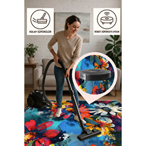 Mavi, Kırmızı Ve Sarı Renkli Floral Halı – Canlı Ve Sanatsal Çiçek Deseni – Makinede Yıkanabilir, Pamuk Tabanlı, Toz Tutmaz