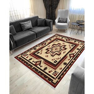 Bej Ve Bordo Etnik Desenli Halı – Geleneksel Motiflerle  – Makinede Yıkanabilir, Tüy Tutmaz, Pamuk Dokuma Tabanlı 160x180 cm