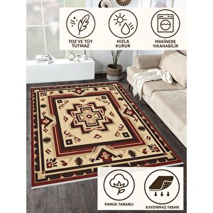 Bej Ve Bordo Etnik Desenli Halı – Geleneksel Motiflerle  – Makinede Yıkanabilir, Tüy Tutmaz, Pamuk Dokuma Tabanlı 160x180 cm