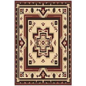 Bej Ve Bordo Etnik Desenli Halı – Geleneksel Motiflerle  – Makinede Yıkanabilir, Tüy Tutmaz, Pamuk Dokuma Tabanlı 160x180 cm