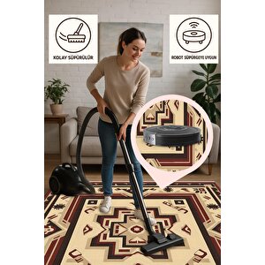 Bej Ve Bordo Etnik Desenli Halı – Geleneksel Motiflerle  – Makinede Yıkanabilir, Tüy Tutmaz, Pamuk Dokuma Tabanlı