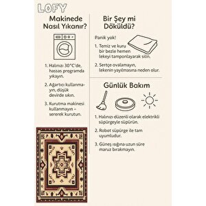 Bej Ve Bordo Etnik Desenli Halı – Geleneksel Motiflerle  – Makinede Yıkanabilir, Tüy Tutmaz, Pamuk Dokuma Tabanlı