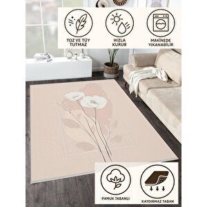 Pembe Çiçekli Halı – Modern Minimal Stil – Makinede Yıkanabilir, Tüy Tutmaz, Pamuk Dokuma Tabanlı