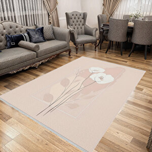 Pembe Çiçekli Halı – Modern Minimal Stil – Makinede Yıkanabilir, Tüy Tutmaz, Pamuk Dokuma Tabanlı