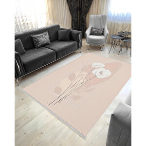Pembe Çiçekli Halı – Modern Minimal Stil – Makinede Yıkanabilir, Tüy Tutmaz, Pamuk Dokuma Tabanlı 180x270 cm