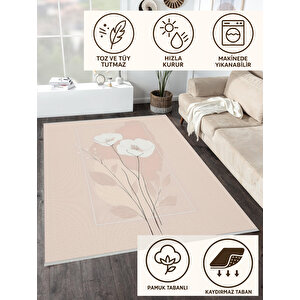Pembe Çiçekli Halı – Modern Minimal Stil – Makinede Yıkanabilir, Tüy Tutmaz, Pamuk Dokuma Tabanlı 180x270 cm