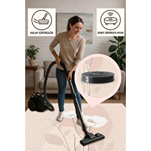 Pembe Çiçekli Halı – Modern Minimal Stil – Makinede Yıkanabilir, Tüy Tutmaz, Pamuk Dokuma Tabanlı