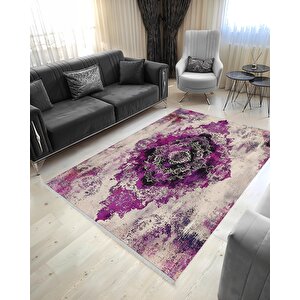 Canlı Mor Ve Krem Eskitme Halı – Yıkanabilir, Pamuk Taban, Toz Tutmaz, Evcil Dostu 180x200 cm
