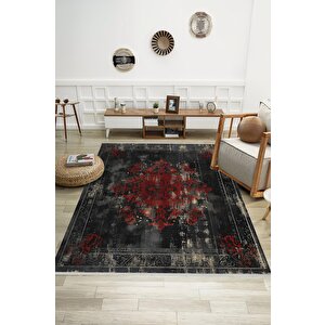 Siyah Ve Koyu Kırmızı Eskitme Halı – Makinede Yıkanabilir, Pamuk Dokuma, Kolay Temizlenir, Evcil Hayvan Dostu 200x220 cm