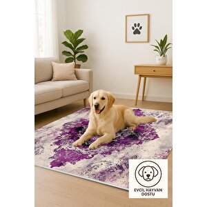 Canlı Mor Ve Krem Eskitme Halı – Yıkanabilir, Pamuk Taban, Toz Tutmaz, Evcil Dostu
