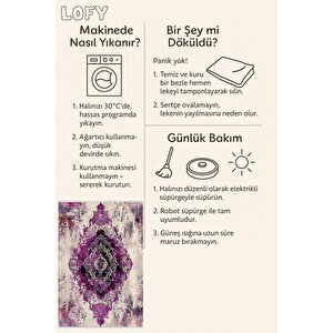 Canlı Mor Ve Krem Eskitme Halı – Yıkanabilir, Pamuk Taban, Toz Tutmaz, Evcil Dostu