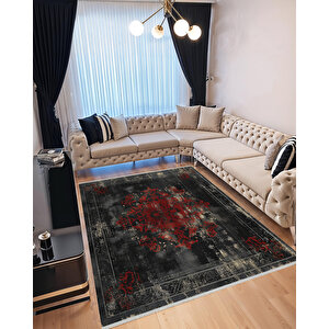 Siyah Ve Koyu Kırmızı Eskitme Halı – Makinede Yıkanabilir, Pamuk Dokuma, Kolay Temizlenir, Evcil Hayvan Dostu 80x150 cm