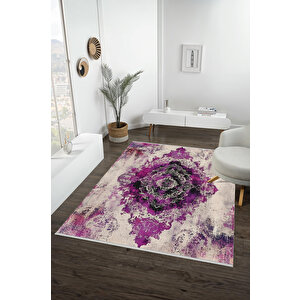 Canlı Mor Ve Krem Eskitme Halı – Yıkanabilir, Pamuk Taban, Toz Tutmaz, Evcil Dostu 100x100 cm