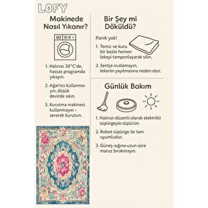 Turkuaz & Pembe Çiçekli Klasik Halı – Makinede Yıkanabilir, Pamuk Tabanlı, Toz Tutmaz, Evcil Hayvan Dostu