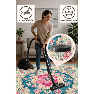 Turkuaz & Pembe Çiçekli Klasik Halı – Makinede Yıkanabilir, Pamuk Tabanlı, Toz Tutmaz, Evcil Hayvan Dostu
