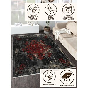 Siyah Ve Koyu Kırmızı Eskitme Halı – Makinede Yıkanabilir, Pamuk Dokuma, Kolay Temizlenir, Evcil Hayvan Dostu 80x80 cm