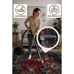 Siyah Ve Koyu Kırmızı Eskitme Halı – Makinede Yıkanabilir, Pamuk Dokuma, Kolay Temizlenir, Evcil Hayvan Dostu