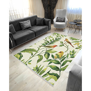Krem Ve Yeşil Renkli Kuş Ve Yaprak Desenli Halı – Ferahlatıcı Ve Neşeli Görünüm – Pamuk Tabanlı, Kolay Temizlenebilir 150x300 cm