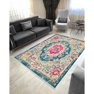 Turkuaz & Pembe Çiçekli Klasik Halı – Makinede Yıkanabilir, Pamuk Tabanlı, Toz Tutmaz, Evcil Hayvan Dostu 80x150 cm