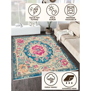 Turkuaz & Pembe Çiçekli Klasik Halı – Makinede Yıkanabilir, Pamuk Tabanlı, Toz Tutmaz, Evcil Hayvan Dostu 80x150 cm