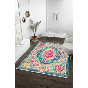 Turkuaz & Pembe Çiçekli Klasik Halı – Makinede Yıkanabilir, Pamuk Tabanlı, Toz Tutmaz, Evcil Hayvan Dostu 80x150 cm