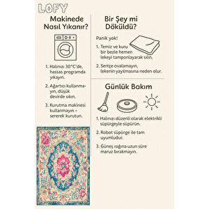 Turkuaz & Pembe Çiçekli Klasik Halı – Makinede Yıkanabilir, Pamuk Tabanlı, Toz Tutmaz, Evcil Hayvan Dostu