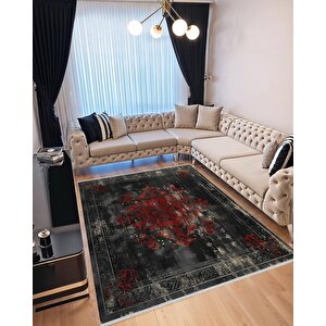 Siyah Ve Koyu Kırmızı Eskitme Halı – Makinede Yıkanabilir, Pamuk Dokuma, Kolay Temizlenir, Evcil Hayvan Dostu 100x180 cm
