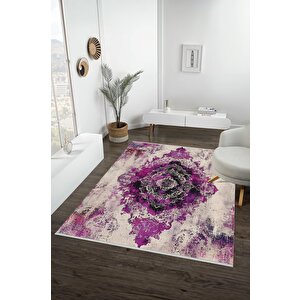 Canlı Mor Ve Krem Eskitme Halı – Yıkanabilir, Pamuk Taban, Toz Tutmaz, Evcil Dostu 160x180 cm