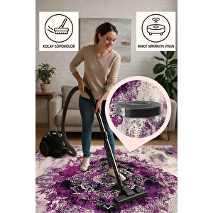 Canlı Mor Ve Krem Eskitme Halı – Yıkanabilir, Pamuk Taban, Toz Tutmaz, Evcil Dostu 160x180 cm