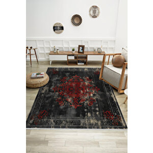 Siyah Ve Koyu Kırmızı Eskitme Halı – Makinede Yıkanabilir, Pamuk Dokuma, Kolay Temizlenir, Evcil Hayvan Dostu 200x350 cm