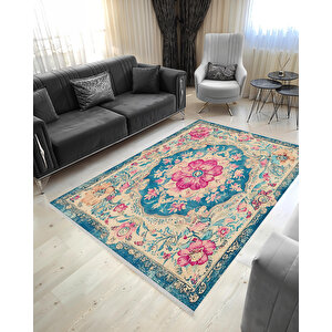 Turkuaz & Pembe Çiçekli Klasik Halı – Makinede Yıkanabilir, Pamuk Tabanlı, Toz Tutmaz, Evcil Hayvan Dostu 100x180 cm