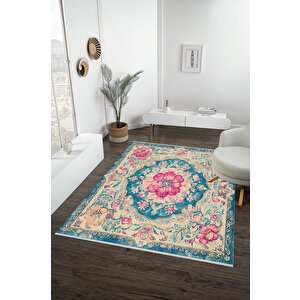 Turkuaz & Pembe Çiçekli Klasik Halı – Makinede Yıkanabilir, Pamuk Tabanlı, Toz Tutmaz, Evcil Hayvan Dostu 160x180 cm