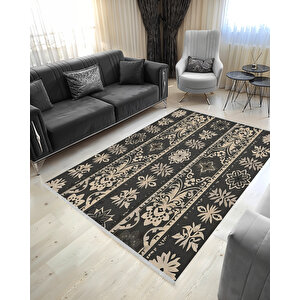 Siyah Ve Krem Renkli Geleneksel Desenli Halı – Şıklığıyla Dikkat Çeker, Makinede Yıkanabilir, Toz Tutmaz 80x80 cm