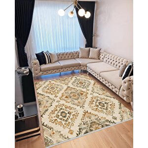 Bej Zemin Üzerinde Etnik Motifli Halı – Sıcak Tonlarda Geleneksel Dokuma Görünümü 200x220 cm
