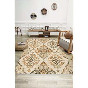 Bej Zemin Üzerinde Etnik Motifli Halı – Sıcak Tonlarda Geleneksel Dokuma Görünümü 80x80 cm