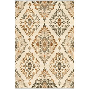 Bej Zemin Üzerinde Etnik Motifli Halı – Sıcak Tonlarda Geleneksel Dokuma Görünümü