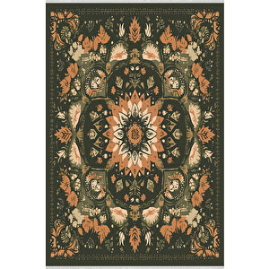 Yeşil Bohem Mandala Desenli Halı – Doğal Ve Toprak Tonları – Makinede Yıkanabilir, Tüy Tutmaz, Pamuk Dokuma Tabanlı 80x80 cm