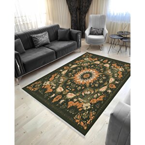 Yeşil Bohem Mandala Desenli Halı – Doğal Ve Toprak Tonları – Makinede Yıkanabilir, Tüy Tutmaz, Pamuk Dokuma Tabanlı 150x150 cm