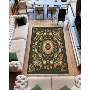 Yeşil Bohem Mandala Desenli Halı – Doğal Ve Toprak Tonları – Makinede Yıkanabilir, Tüy Tutmaz, Pamuk Dokuma Tabanlı 150x150 cm