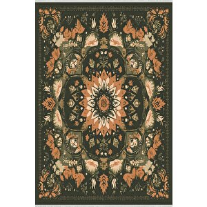 Yeşil Bohem Mandala Desenli Halı – Doğal Ve Toprak Tonları – Makinede Yıkanabilir, Tüy Tutmaz, Pamuk Dokuma Tabanlı 150x150 cm