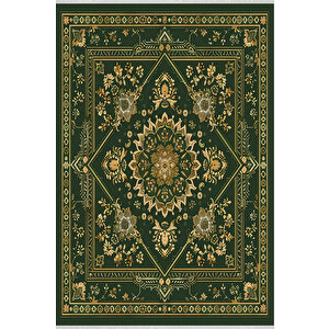 Zümrüt Ve Altın Tonlarında Geleneksel Desen – Orta Doğu Esintili Tasarım – Makinede Yıkanabilir, Tüy Tutmaz, Pamuk Dokuma Taban 200x350 cm